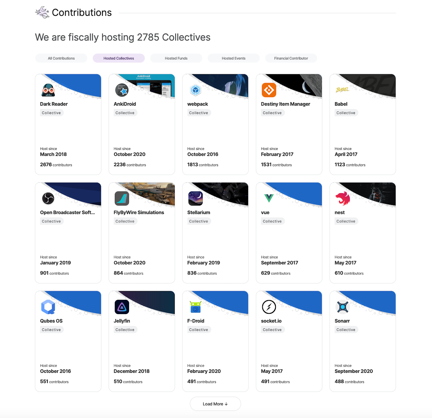 A screenshot of the Open Source Collective host page: we are fiscally hosting 2785 collectives. A selection of collectives hosted by Open Source Collective, including Dark Reader, Webpack, and Vue.js